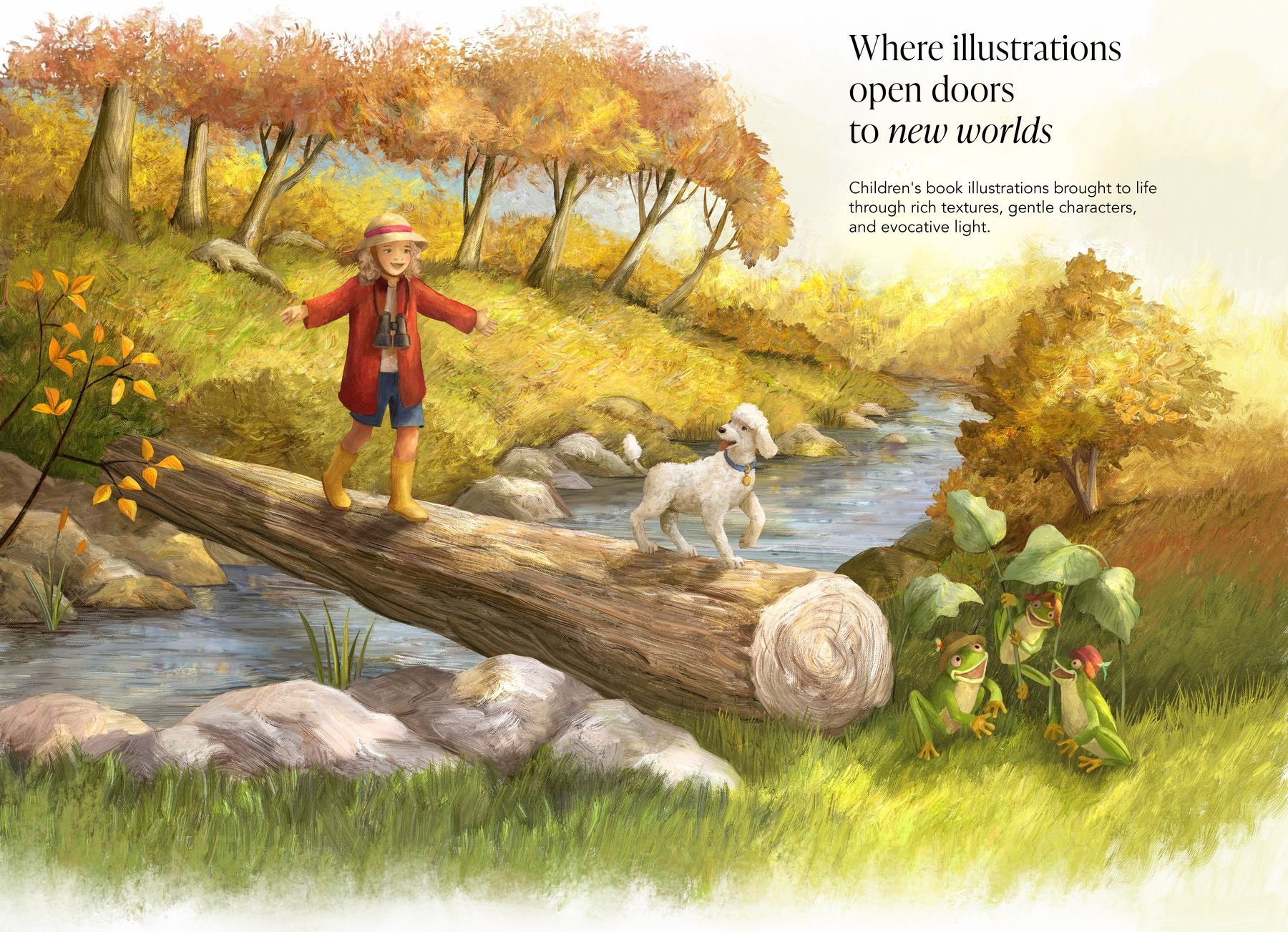 A girl in a red coat and her poodle crossing a log bridge over a stream in an autumn forest, with the text 'Where illustrations open doors to new worlds'.