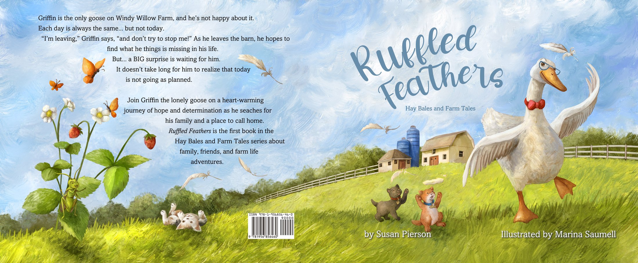 Front, spine, and back cover spread of 'Ruffled Feathers: Hay Bales and Farm Tales, Book 1' by Susan Pierson, illustrated by Marina Saumell.