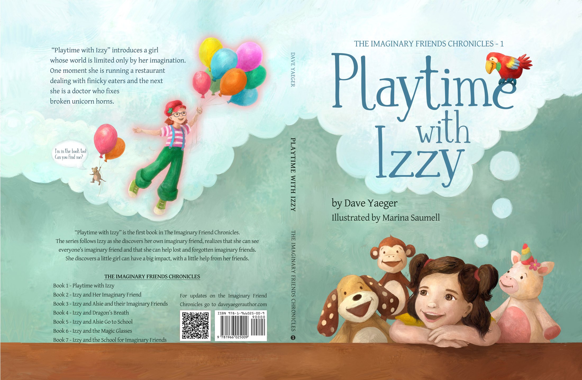 Front, spine, and back cover spread of 'Playtime with Izzy' by Dave Yaeger, illustrated by Marina Saumell.