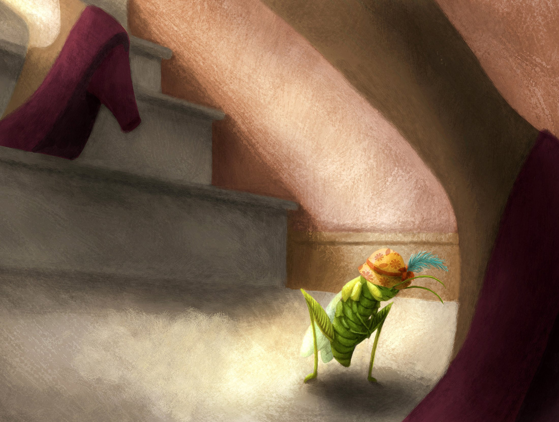 Whimsical illustration of a dapper cricket character in a feathered hat on a staircase beside a dropped high-heeled shoe, an example of book composition work.