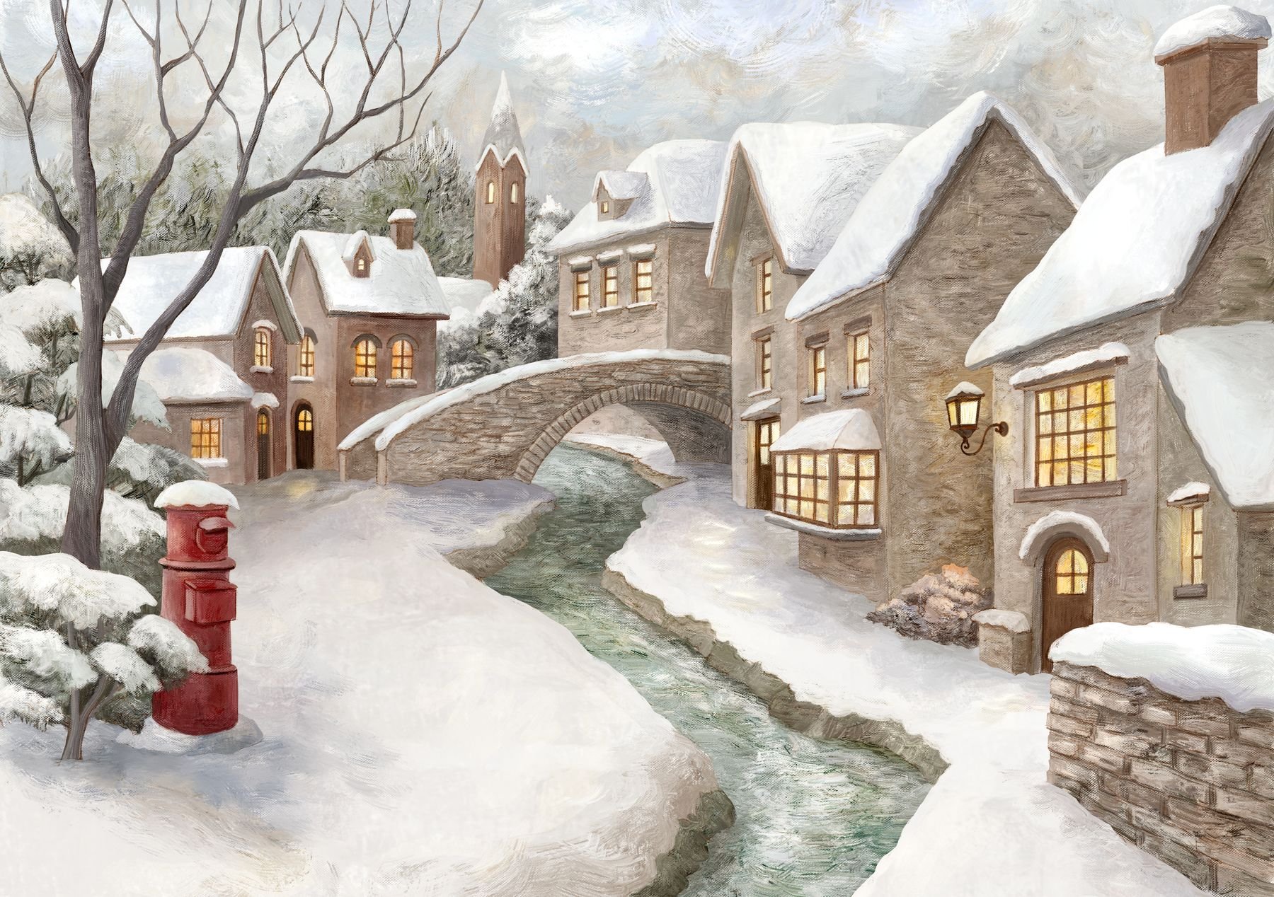 Painted illustration of a snowy European village with a stone bridge and a red postbox.