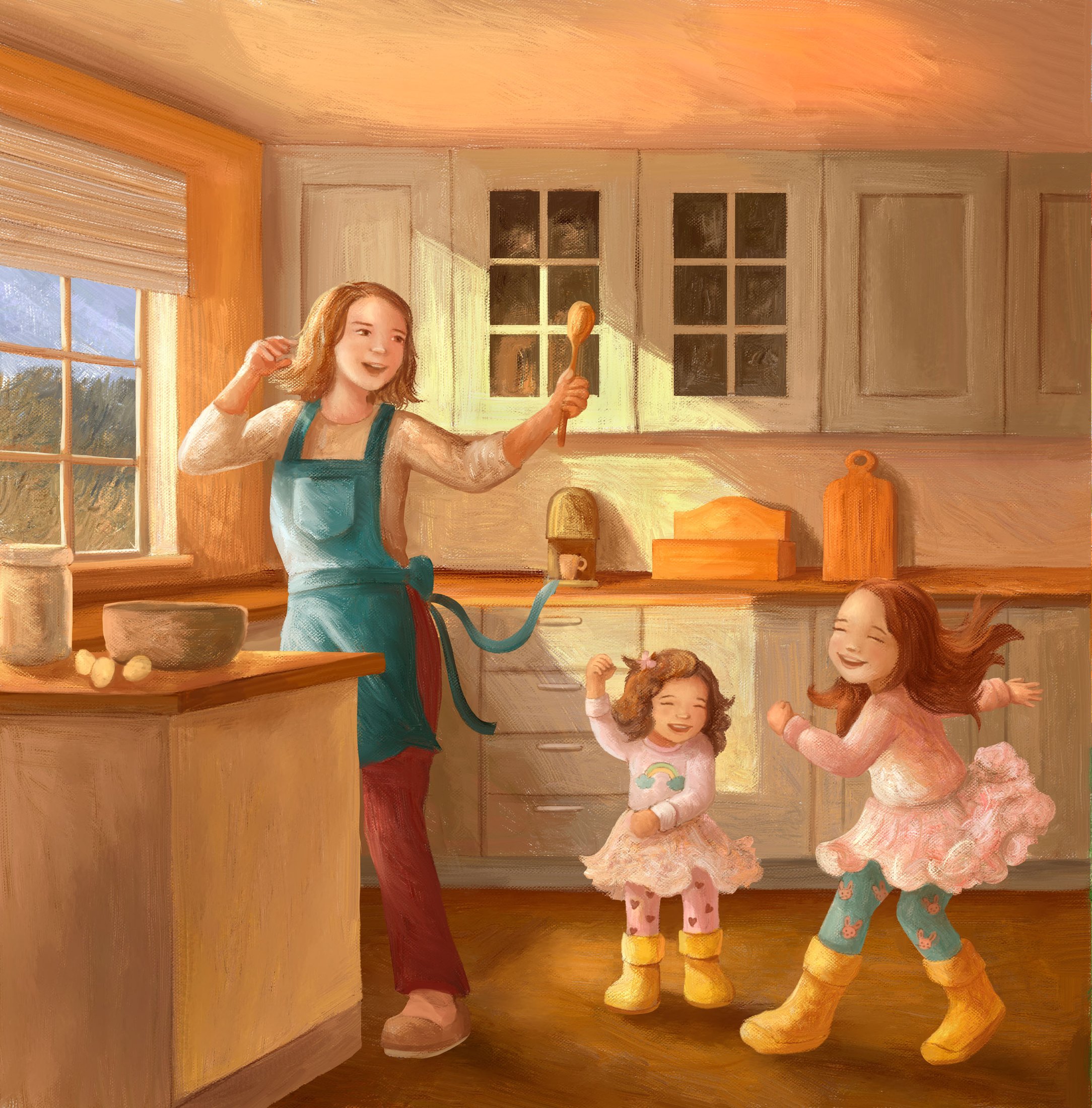 Illustration of a mother dancing in a sunlit kitchen with her two daughters, a narrative storybook scene.